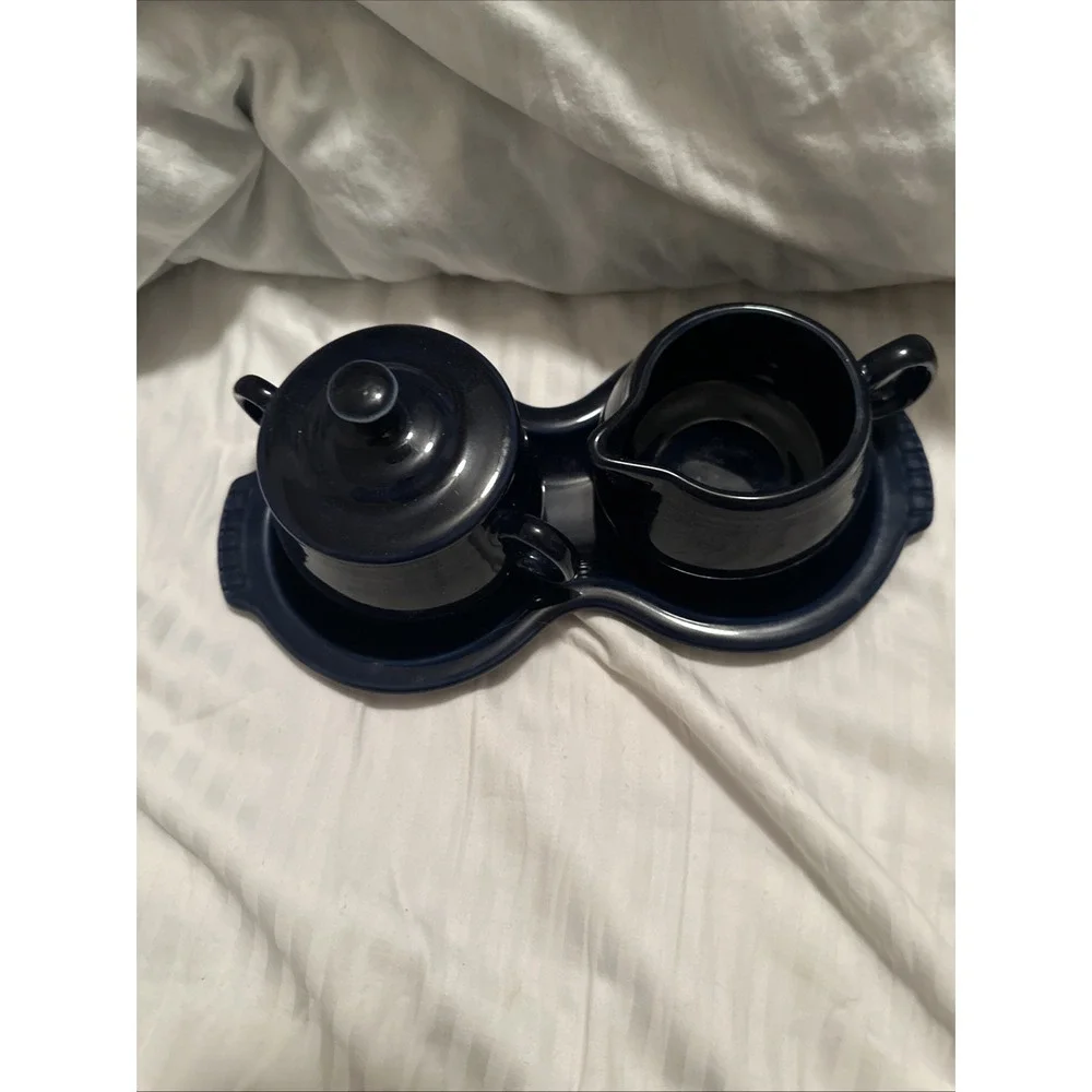 Fiestaware Cobalt Blue Creamer Sugar Bowl Lid Tray Set Homer Laughlin Post 1986